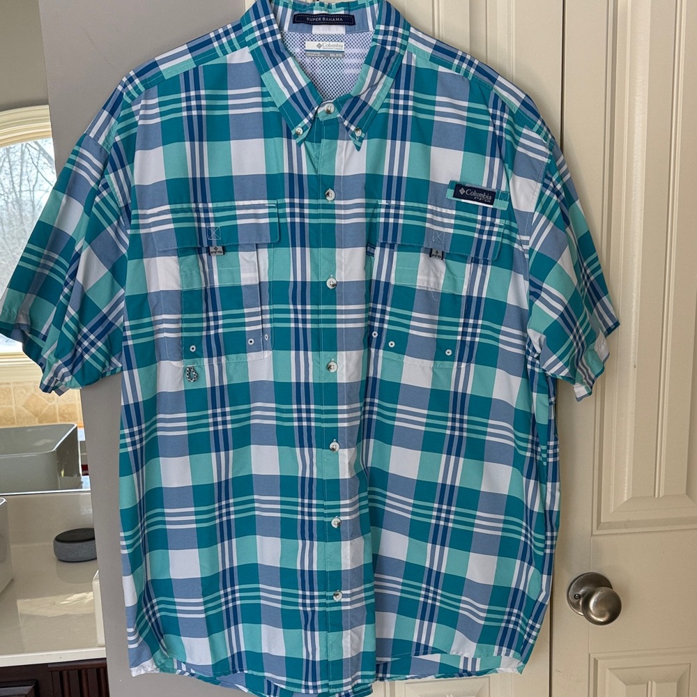 Columbia PFG Men's Green, Blue and White Plaid Shirt Super Bahama